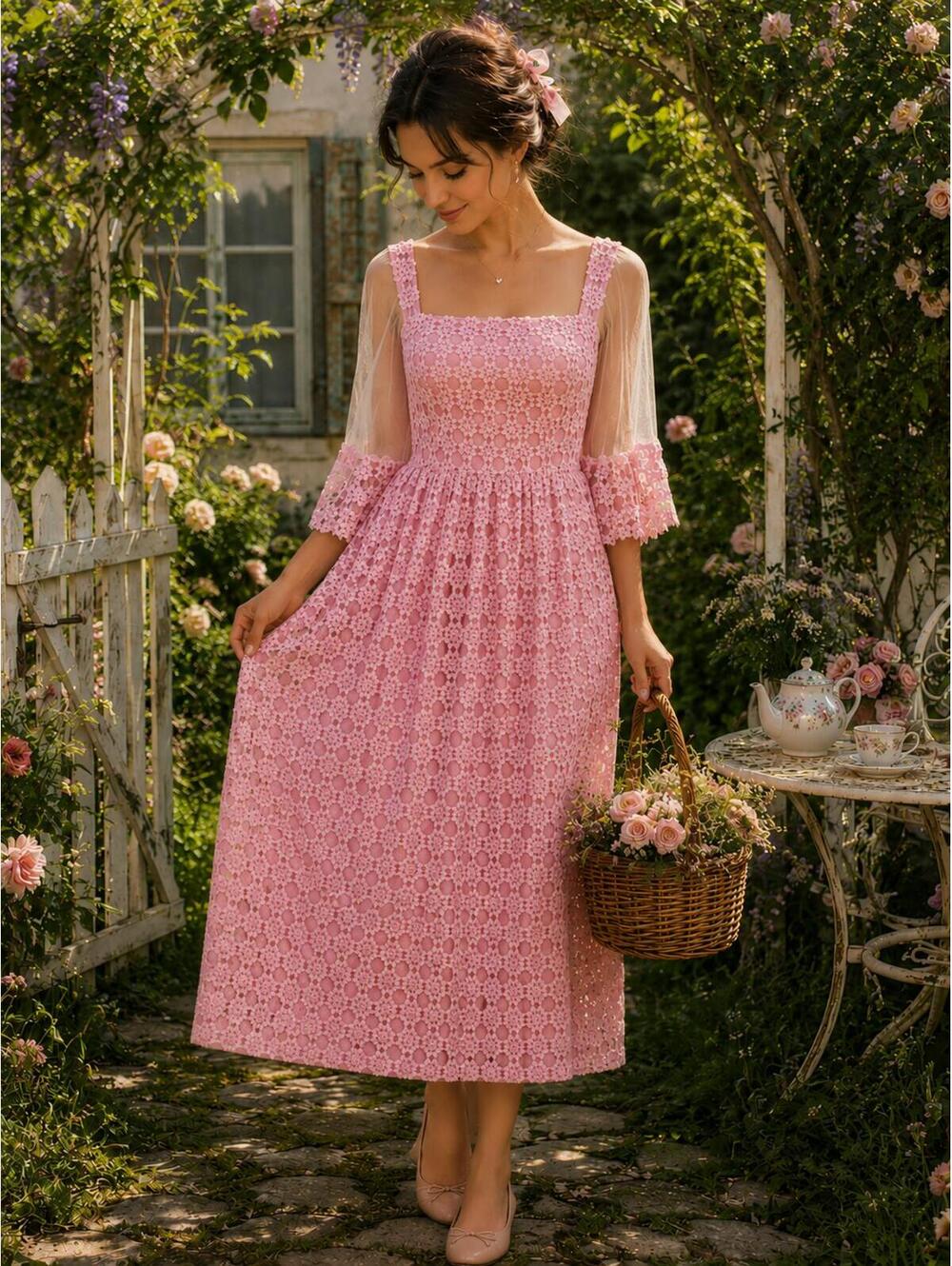 Whimsical Cottage Core Garden Party Flutter Sleeve Festival Maxi Dress L/XL